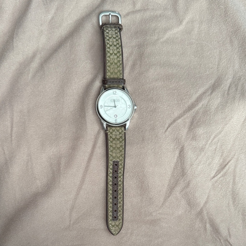 Coach Silver Watch with Green and Brown Strap